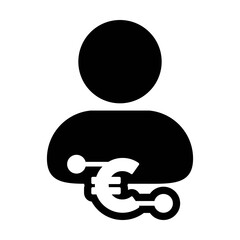 Funding icon vector digital euro currency with male user person profile avatar for digital wallet in a glyph pictogram illustration