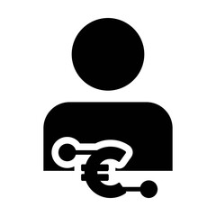 Payment icon vector digital euro currency with male user person profile avatar for digital wallet in a glyph pictogram illustration
