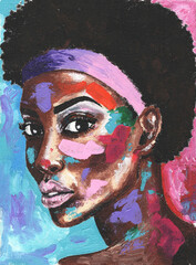 Black lives matter. Portrait of african woman in street style hand drawn acrylic on canvas. Pop art style picture. Acrylic beauty african woman. Painting fashion illustration. 