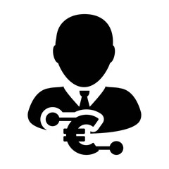 Profit icon vector digital euro currency with male user person profile avatar for digital wallet in a glyph pictogram illustration