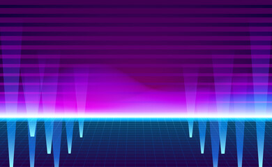 perspective grid neon purple laser cyan gradient glow color. abstract retro 80s vintage style. abstract vibrant wave