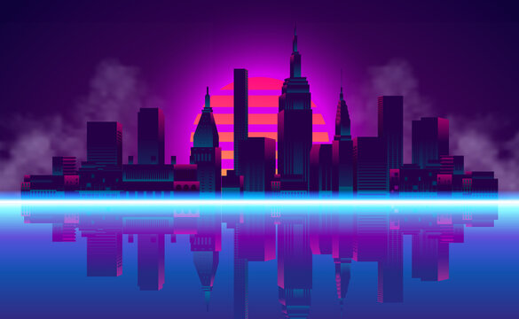 big city urban silhouette skyscraper building with reflection neon blue pink purple color retro 80s vintage style with sunset