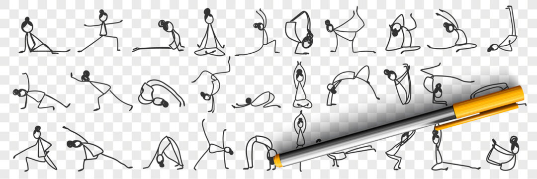 Practicing yoga and pilates doodle set. Collection of hand drawn female silhouettes making asanas practicing gymnastics yoga meditation and plates isolated on transparent background