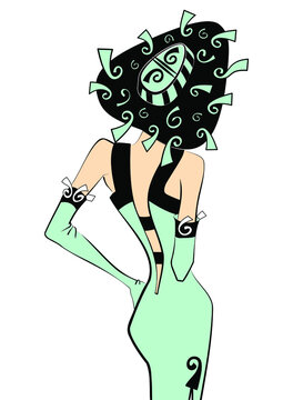 Woman in beautiful green dress with hat with swirly ornaments at the Hat. Hand drawn. Close up Back view. Vector
