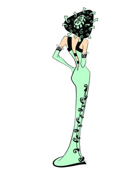  Fashion Drawing Woman in Green with swirly ornaments at the dress and the Hat. Back view,  hand drawn Vector for fashion designer