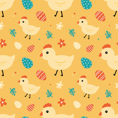 Cute cartoon little chicken with decorated easter eggs and flowers vector seamless pattern background for Easter design.
