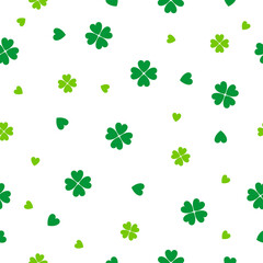 Four leaf clover seamless pattern vector illustration. Green Shamrock with petals on white background