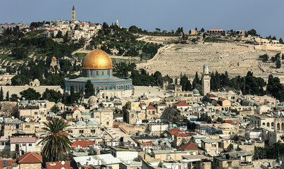 View from the bell tower to Mount of Olives and Temple mountains. Temple Mount including El Aqsa Mosque and Dome of the Rock