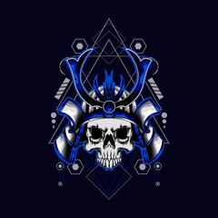 blue samurai skull helmet with sacred geometry for wallpaper, Banner, T-shirt, Poster, Hoodie, Tottebag, Background, Card, Book Illustration, And Web Landing Page