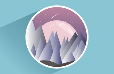 mountan, moon and shooting star, night view on frame decoration. Nature background concept, vector illustration