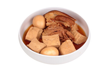 Stewed boiled egg with tofu and streaky pork in brown soup.