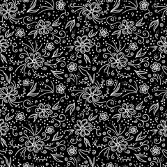 Seamless pattern with hand-drawn flowers and plants, leaves, petals, floral elements. Endless black and white background. Doodle style, sketch, botanical line drawing. Vector