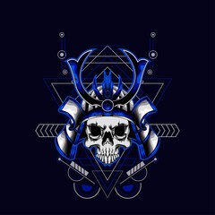 blue samurai skull helmet with sacred geometry for wallpaper, Banner, T-shirt, Poster, Hoodie, Tottebag, Background, Card, Book Illustration, And Web Landing Page