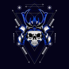 blue samurai skull helmet with sacred geometry for wallpaper, Banner, T-shirt, Poster, Hoodie, Tottebag, Background, Card, Book Illustration, And Web Landing Page