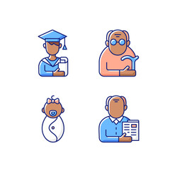 Aging process RGB color icons set. Male student. Pensioner. Early adulthood. Baby phase. Old man. Infancy development. Senior citizen. Pursuing education. Old age. Isolated vector illustrations