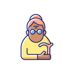Female pensioner RGB color icon. Senile woman. Old-old age. Aging process. Person aged 90-and-older. Normal life span final stage. Receiving retirement pension. Isolated vector illustration