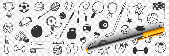 Sport games equipment doodle set. Collection of hand drawn badminton racket dumbbells soccer ball trophies hockey stick rugby tennis ball darts field medals isolated on transparent background
