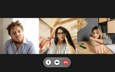 Team working by group video call share ideas brainstorming use video conference. PC screen view...