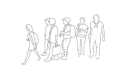 Fototapeta na wymiar A group of people walking. Silhouette sketch in one line. Vector illustration on a white background.