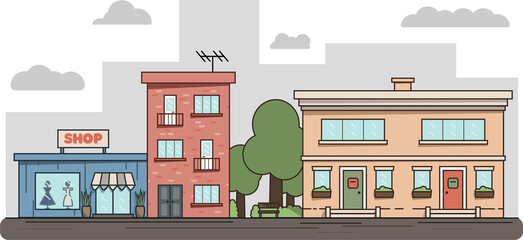 Flat Isometric Line City Street Landscape View Concept with Buildings, Roads, Trees.
