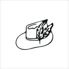 Hand-drawn summer hat for women with feathers, single element. Graphic drawing, sketch, contour drawing isolated on white. Vector illustration