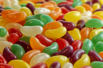 Close up view of colorful jelly beans. Macro shot with selective focus and blur.