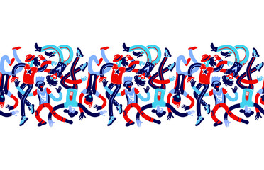 Dancing young men boys and girls. Vector seamless pattern with dancing people. Rave, Collage, Dancers, Friendship day, Fashion illustration, Sales. Holiday print shirt. 
