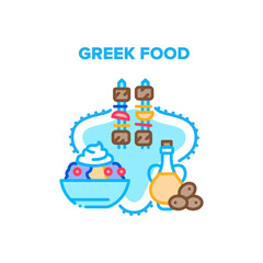 Greek Food Eat Vector Icon Concept. Bbq Fried Meat With Vegetables On Stick, Delicious Sweet Dessert With Cream And Berries In Plate And Natural Olive Oil, Greek Food Color Illustration