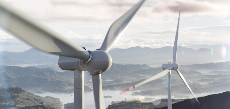 Green renewable alternative energy concept - wind generator turbines generating electricity. Landscape with windmills 