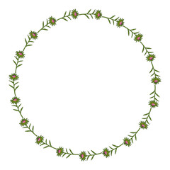 Round frame with pink aster buds on white background. Doodle style. Vector image.