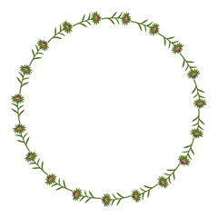 Obraz premium Round frame with pink aster buds on white background. Doodle style. Vector image.