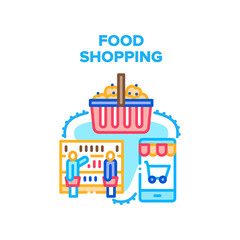 Obraz premium Food Shopping Vector Icon Concept. People Choosing Nutrition And Fresh Product On Grocery Counter And Putting In Shop Basket, Smartphone Application For Online Food Shopping Color Illustration