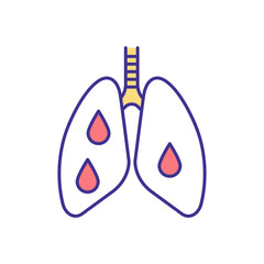 Bleeding into lungs RGB color icon. Coughing up blood. Pulmonary haemorrhage. Problems in blood vessels. Medical condition. Bronchitis, fibrosis, cancer. Isolated vector illustration