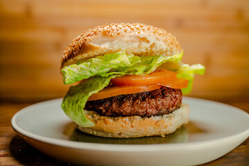 vegan hamburger on a wood surface 