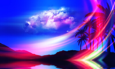 Abstract futuristic background. Silhouettes of palm trees on a tropical island are reflected on the water, neon shapes against the background of an ultraviolet cloud. Beach party. 3d illustration