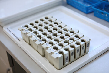 Empty test tube stands. Photo in the clinical diagnostic laboratory. Top view.