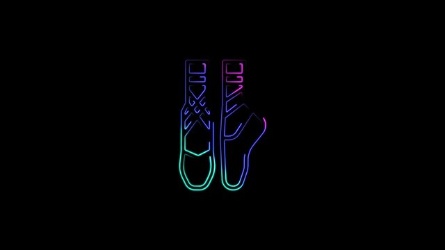 Ballerina feet icon in ballet shoes for dance abstract seamless animation 4K neon lines. Beautiful animation of multicolored neon lines 4k video.
