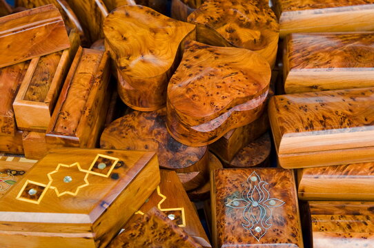 Briar-root and thuya boxes for sale in the Old City, Essaouira, Morocco