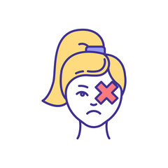 Eye trauma RGB color icon. Permanent vision loss in one eye, blindness. Eyeball loss. Detached retina. Chemical burns, cuts and punctures. Impaired vision. Isolated vector illustration