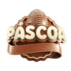 Easter label with realistic chocolate egg. 3d render