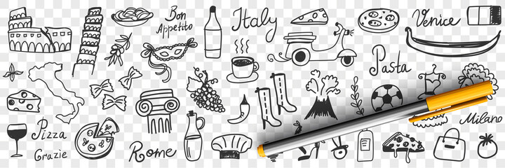 Symbols of Italy doodle set. Collection of hand drawn Italian boots pizza coffee wine sightseeing scooter gondola map mask of carnival cheese volcano pasta isolated on transparent background