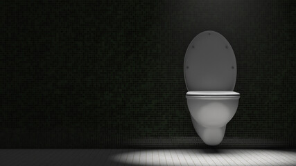 Toilet bowl in the restroom. Dramatic lighting. Copy space.