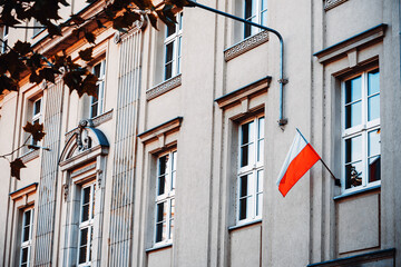 Polish flag in Old Town Poznan, Poland