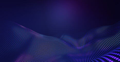 Abstract pentagon grid pattern with purple and violet light wave technology background.