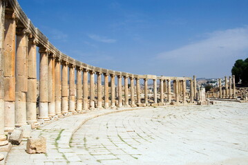 Oval Plaza with colonnade and ionic columns, Jerash (Gerasa), a Roman Decapolis city, Jordan