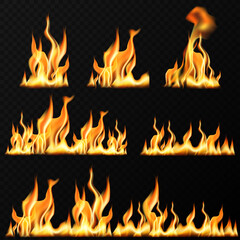 Realistic fire flames set on transparent black background