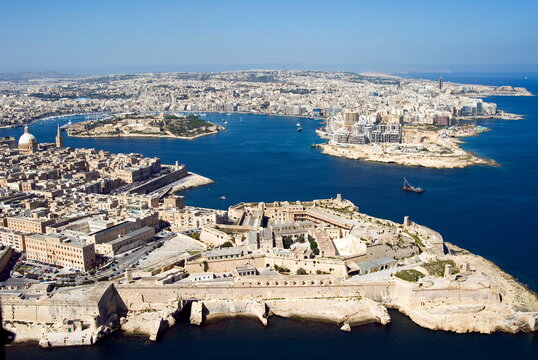 Aerial view of Valletta and St. Elmo Fort, Manoel Island, and Dragutt Point on the right, Malta, Mediterranean