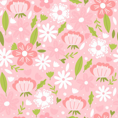 Floral elegant seamless pattern with simple flower and leaves. Vector design for fabric, wrapping paper, packaging, wallpaper etc.