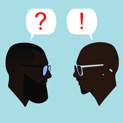Silhouettes. Dialogue of two black men. Guys. Question and answer. Two guys are talking. Conversation. Guys in sunglasses. Bearded men. Guy with earring