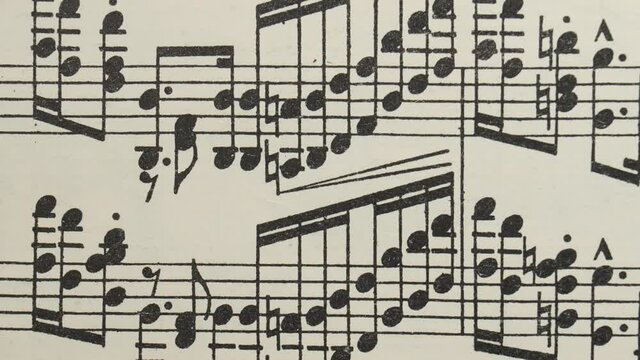 Stop motion, musical sheet music background.  Time lapse, musical background with a chaotic image of notes, musical signs.
